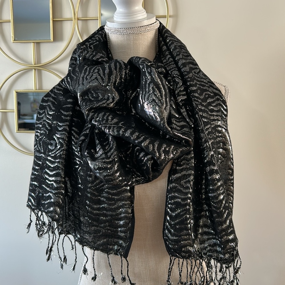 Badgley Mischka Rayon Metallic Black and Silver Zebra Print Shawl, wrap, scarf